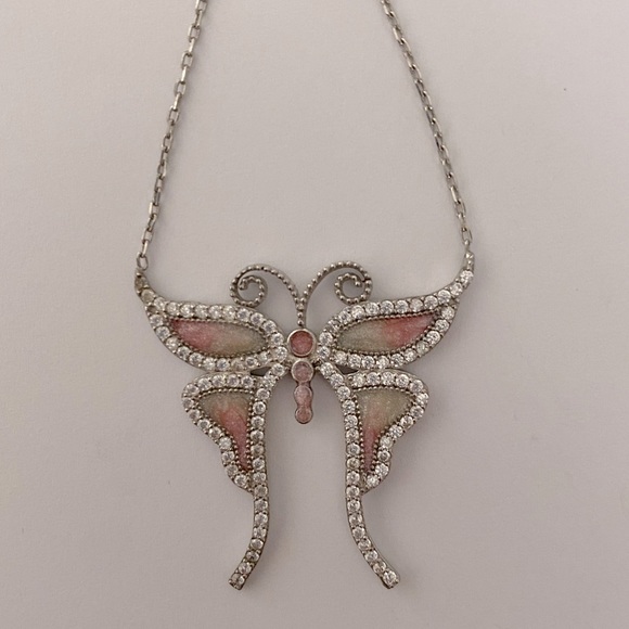 925 Silver butterfly necklace cz pink white enamel